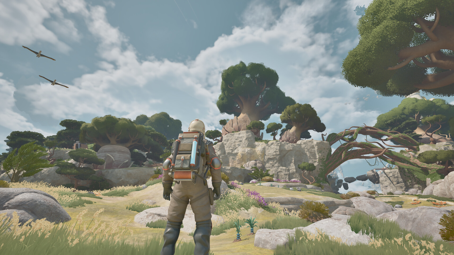 ATMOSFAR Vagabond suit with backpack looking across Tycos valleys and floating islands