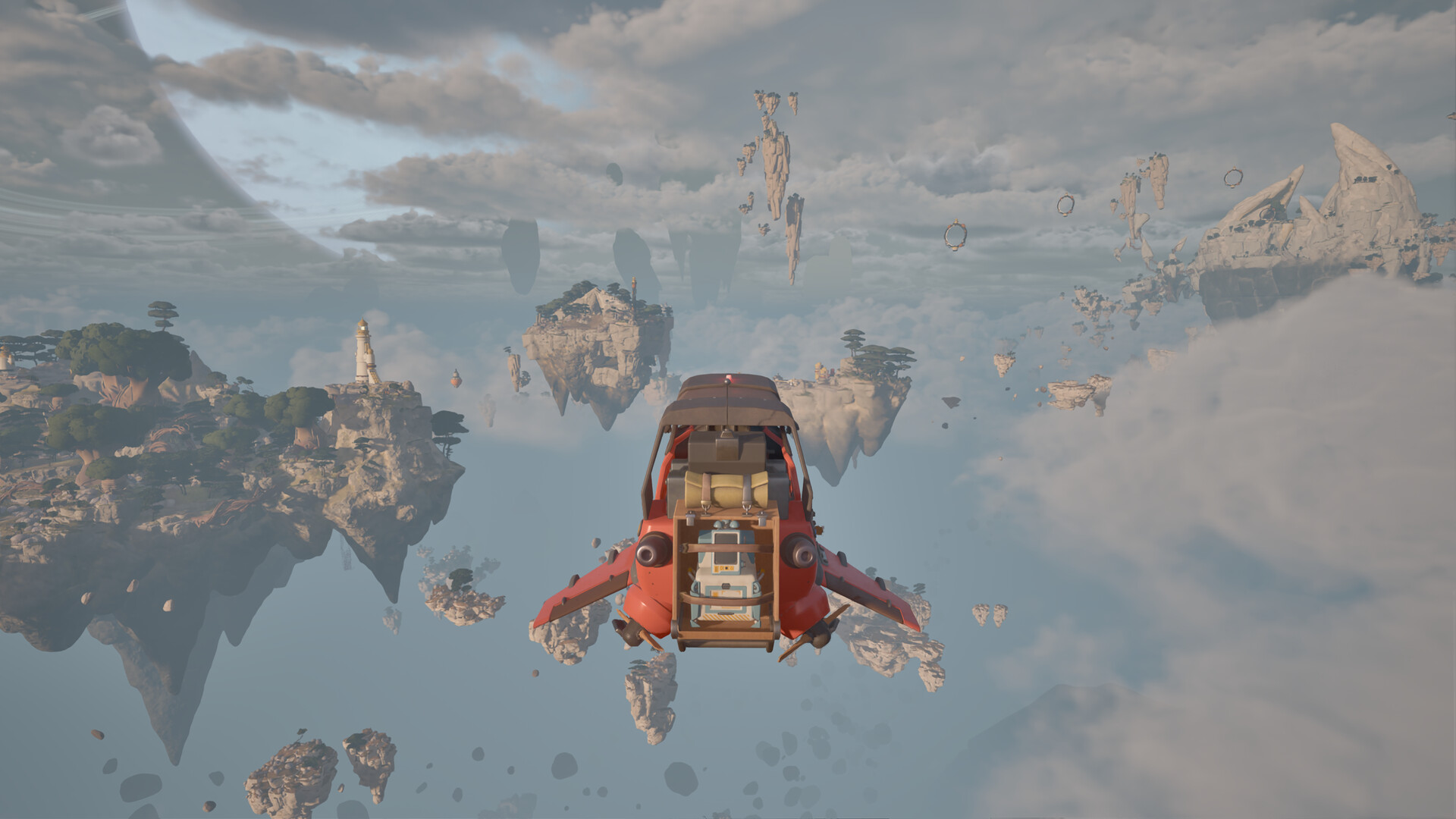 A red Utility Wasp flies above a sky of floating islands in ATMOSFAR