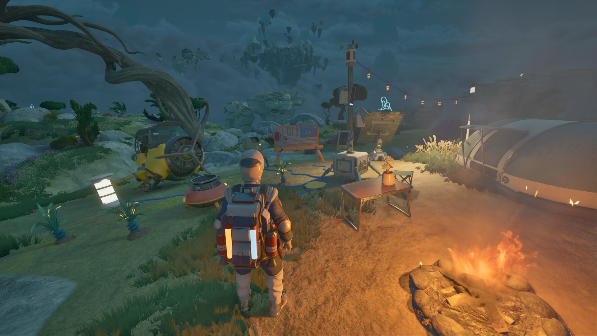 Utility Wasp foldable camp deployed on a Tycos island at dusk with crafting table and campfire