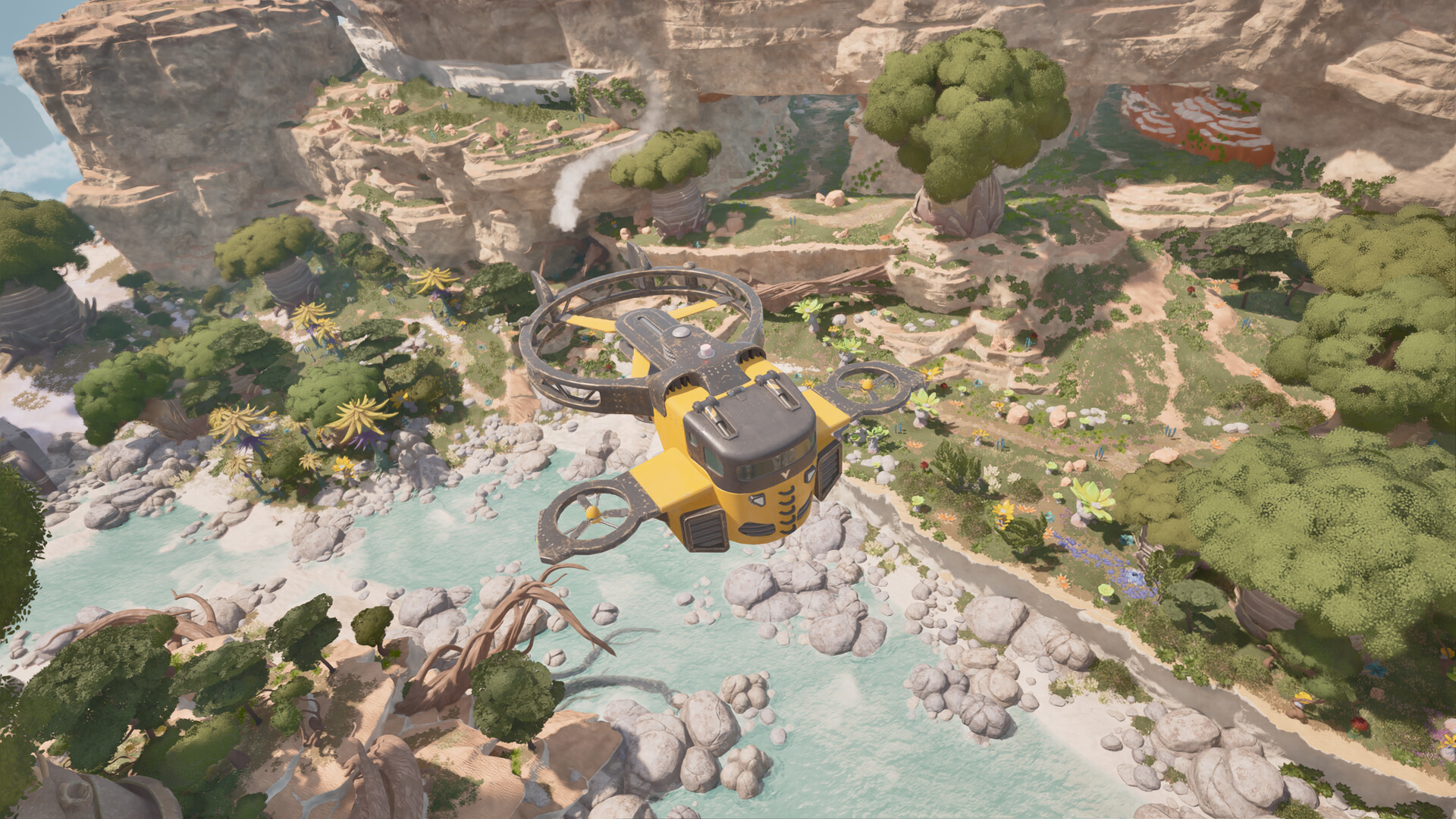 A yellow Cargo Wasp flies low over a Tycos river valley between floating islands